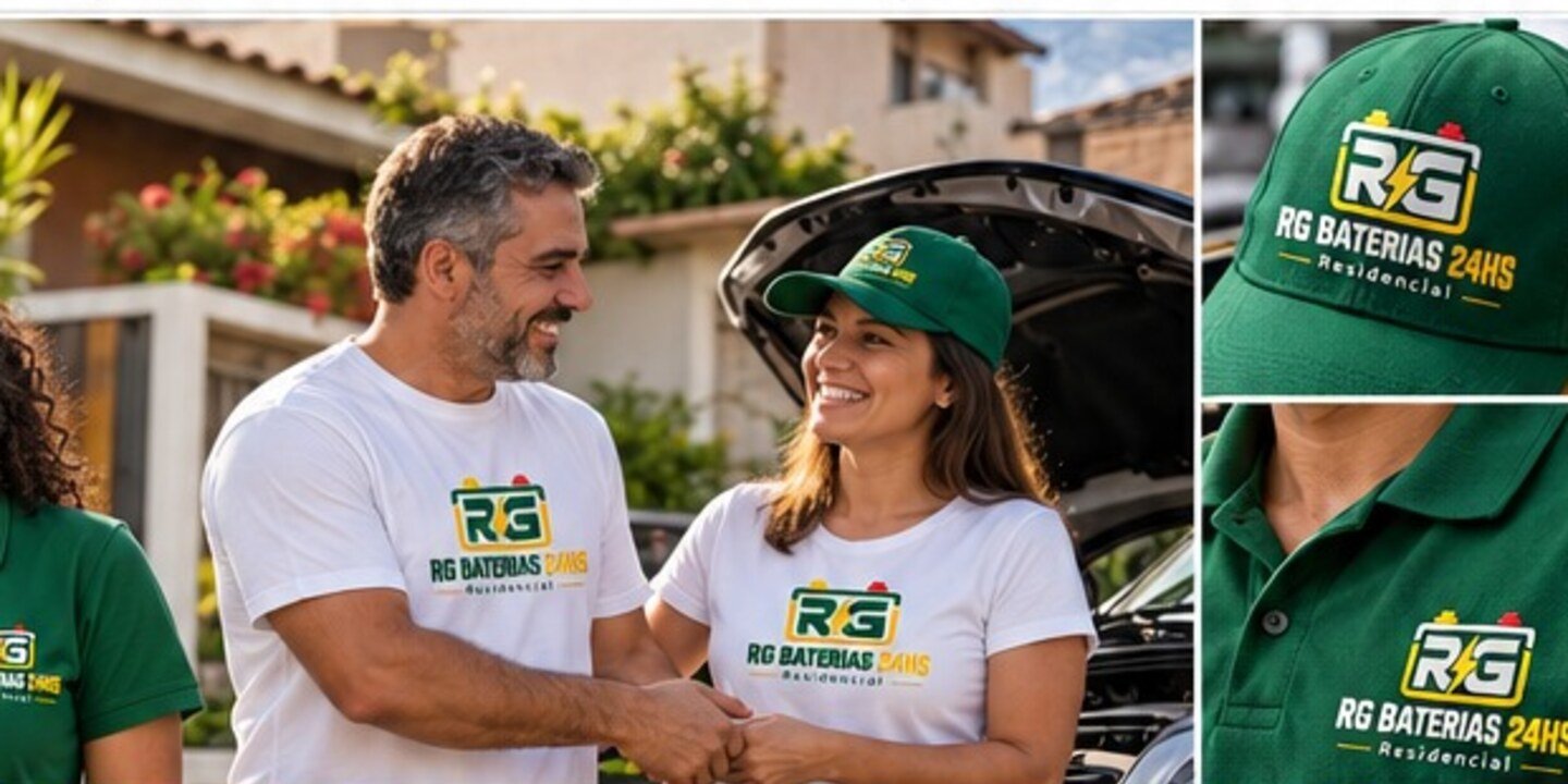 Profissionais RG Baterias em atendimento próximo a um carro